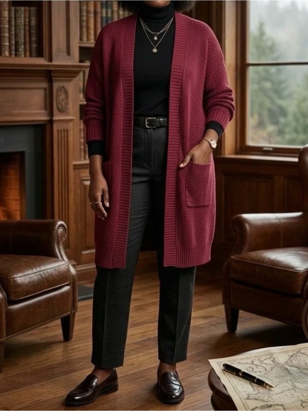 Max Studio | Burgundy Open Front Longline Cardigan | Size 1X